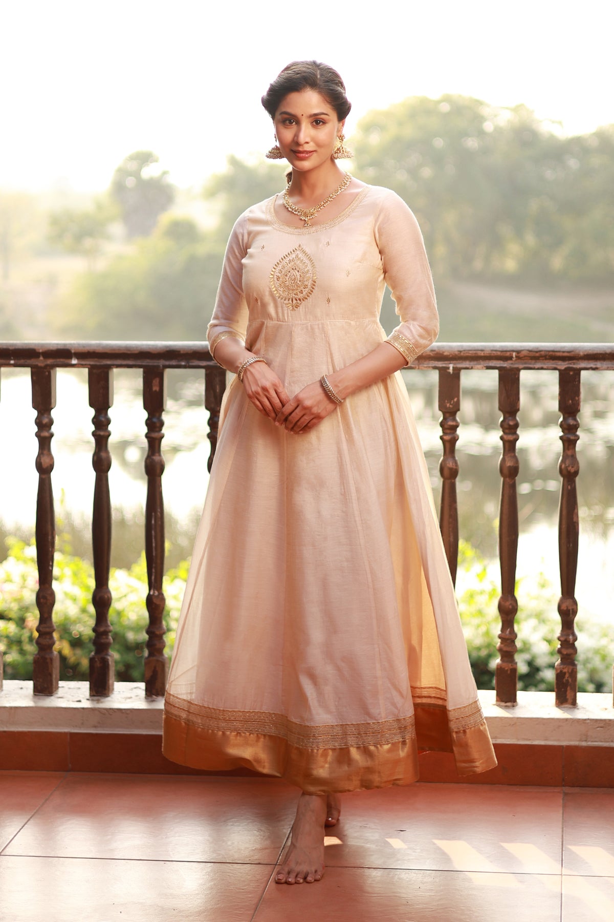 Ethnic Motif Embroidered Yoke with Jewel Embroidered Neckline Anarkali Off White