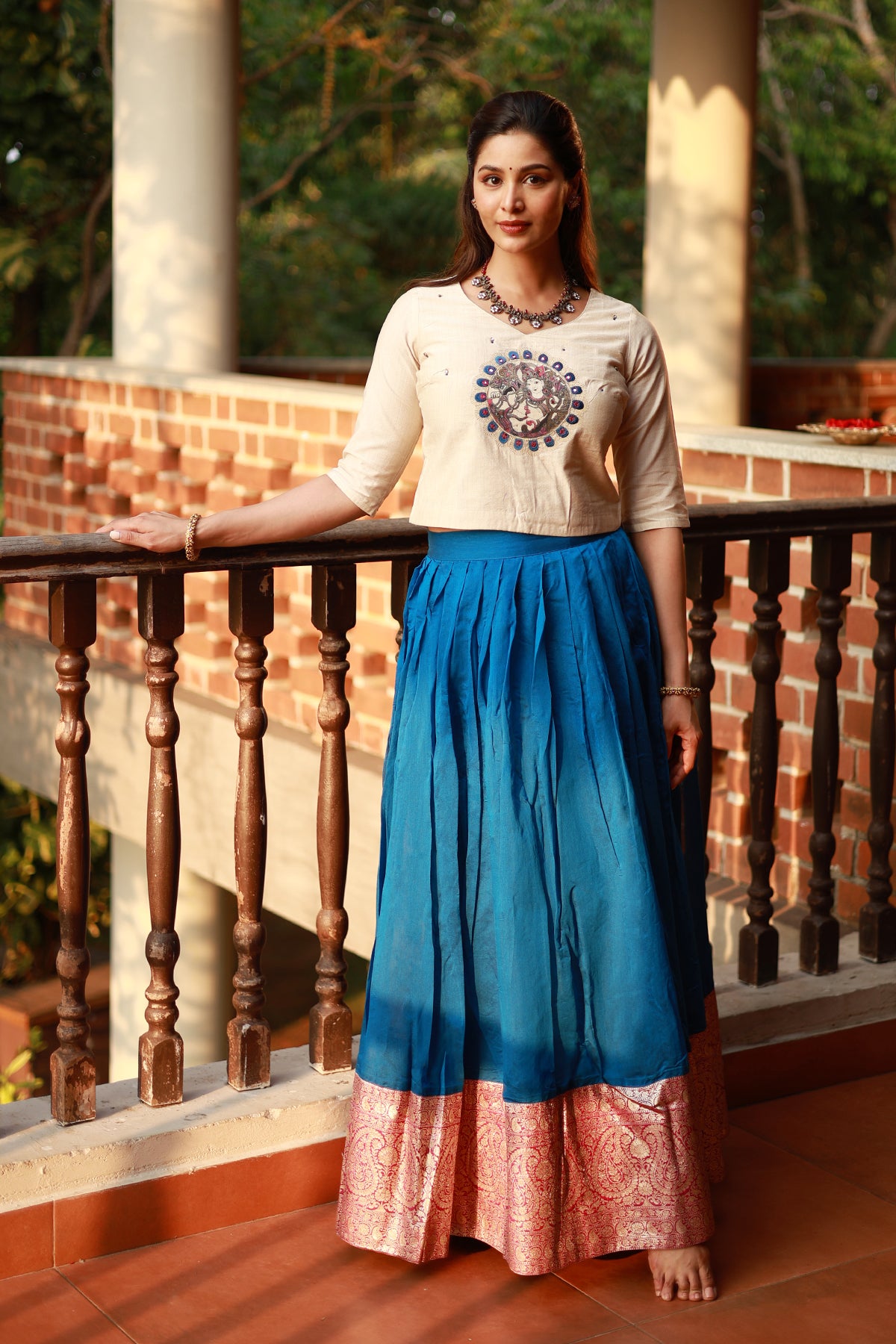 Krishna Mural Embroidered Top with Zari Border Skirtset Off White Blue