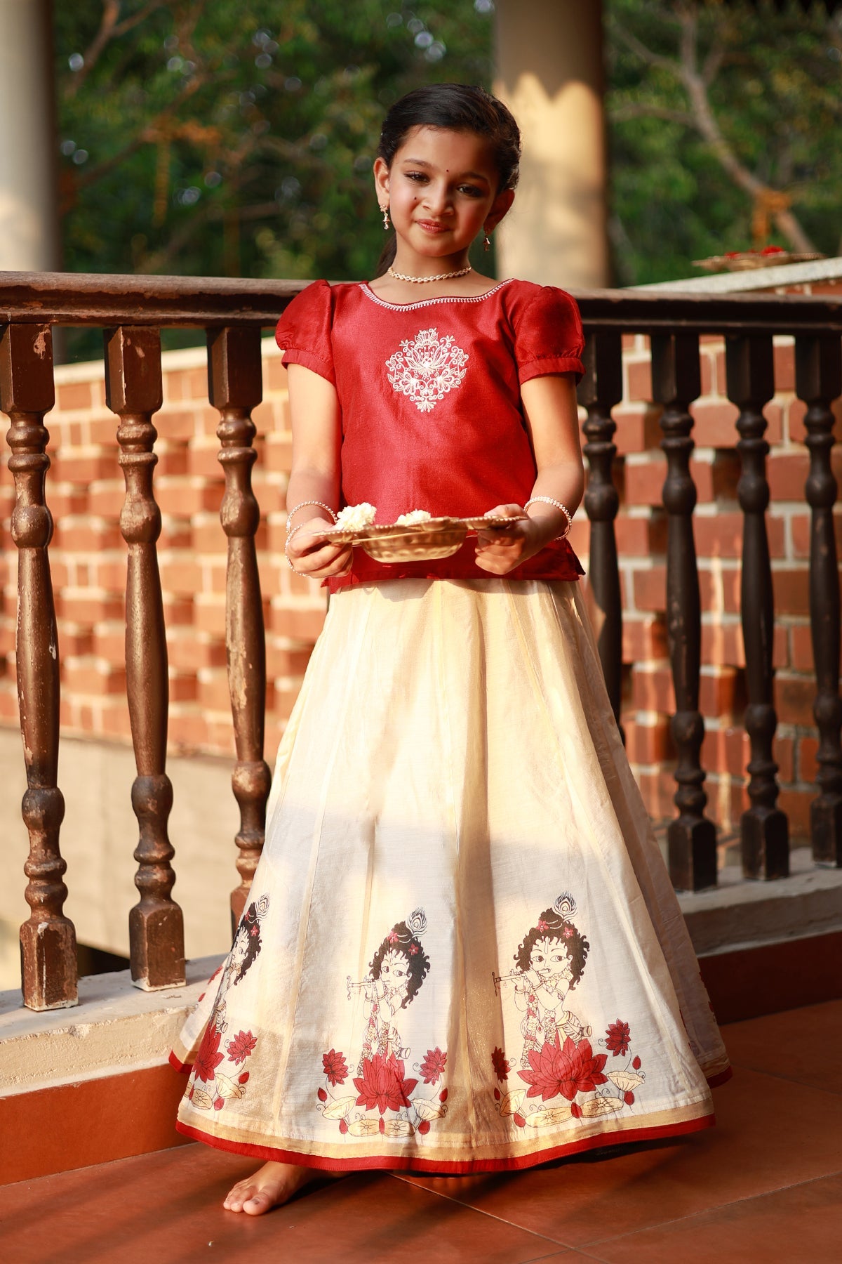 Muralidhara Krishna Mural Printed Kids Skirtsets - Red & Off-White