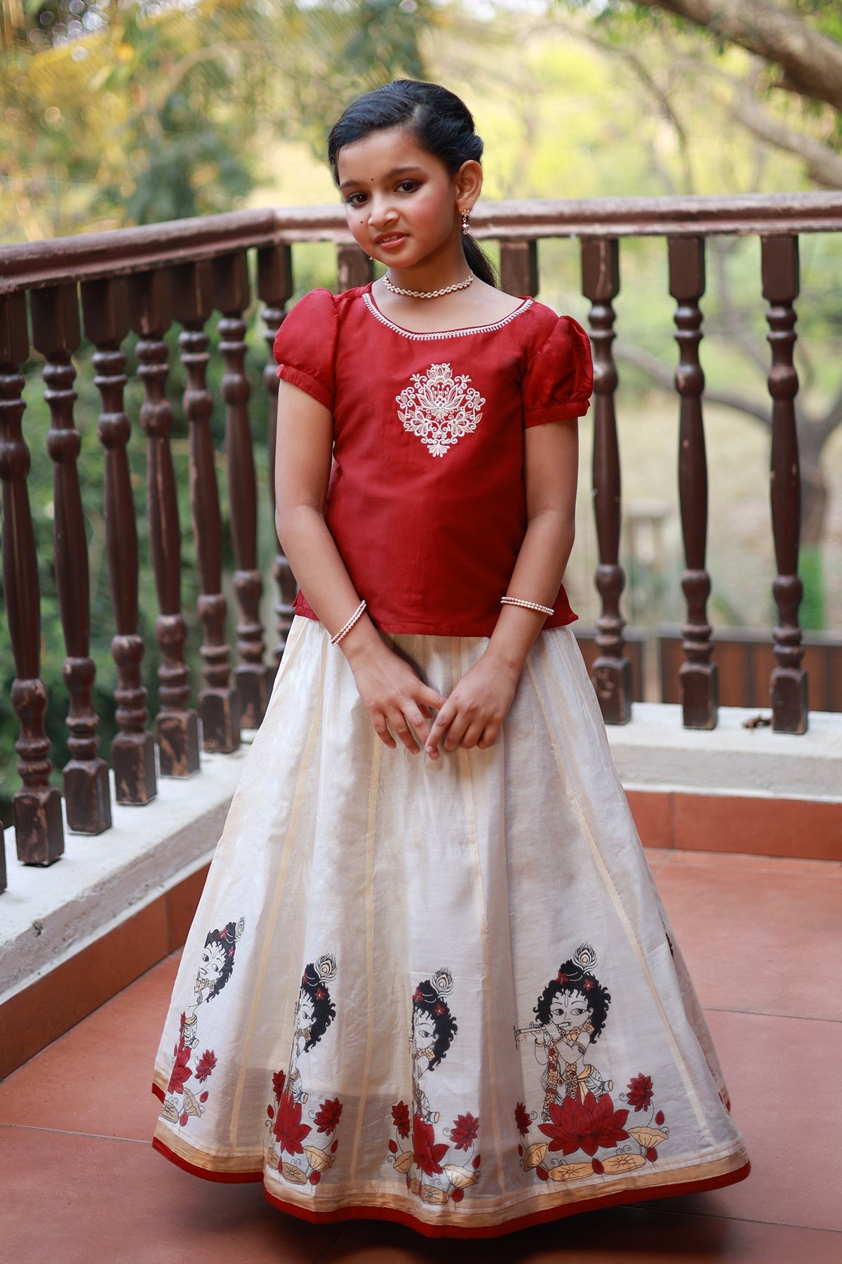 Muralidhara Krishna Mural Printed Kids Skirtsets - Red & Off-White