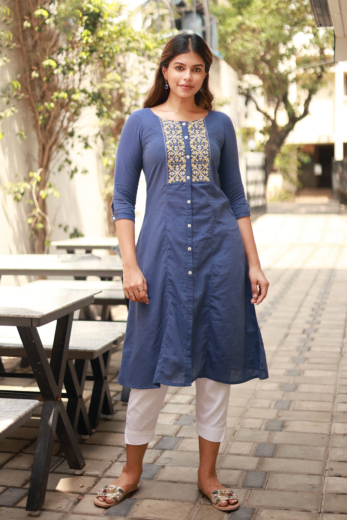 Solid Blue Kurta with Button Detailing Embroidery Stylish Wear