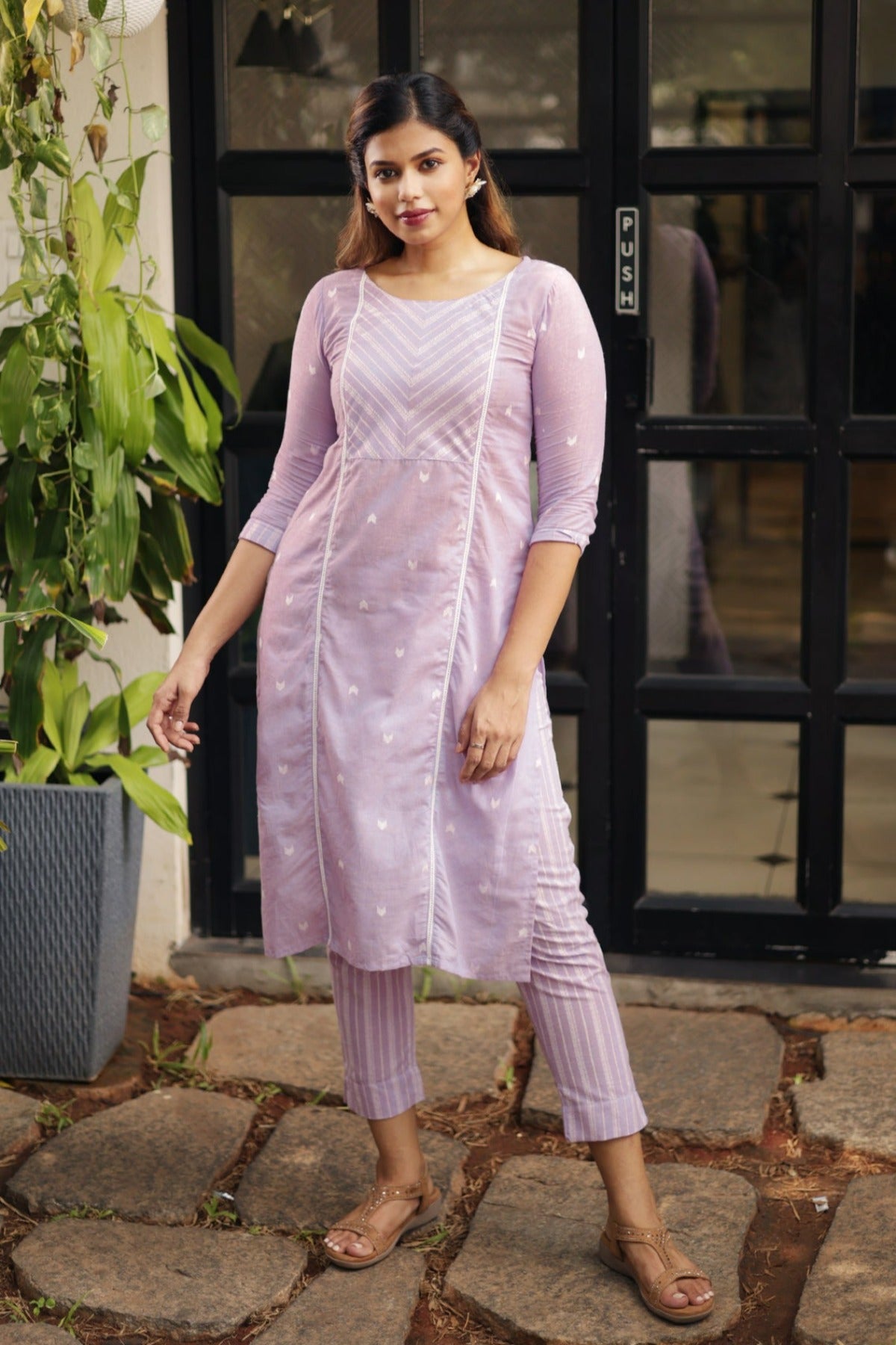 Pastel Dobby Weave Kurtapant with Lace Embellished Yoke Purple