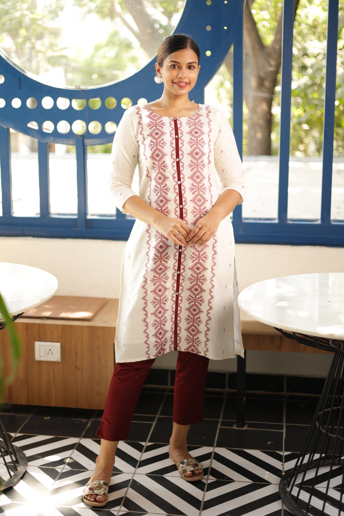 Jamdhani Weave Kurta with Foil Mirror Embellishments Maroon