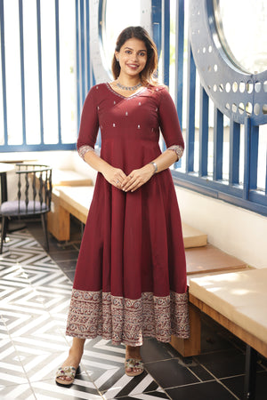 Stunning Maroon Kalamkari Anarkali Dress with Mirror Work