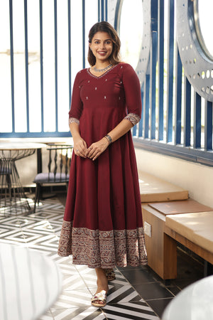 Stunning Maroon Kalamkari Anarkali Dress with Mirror Work