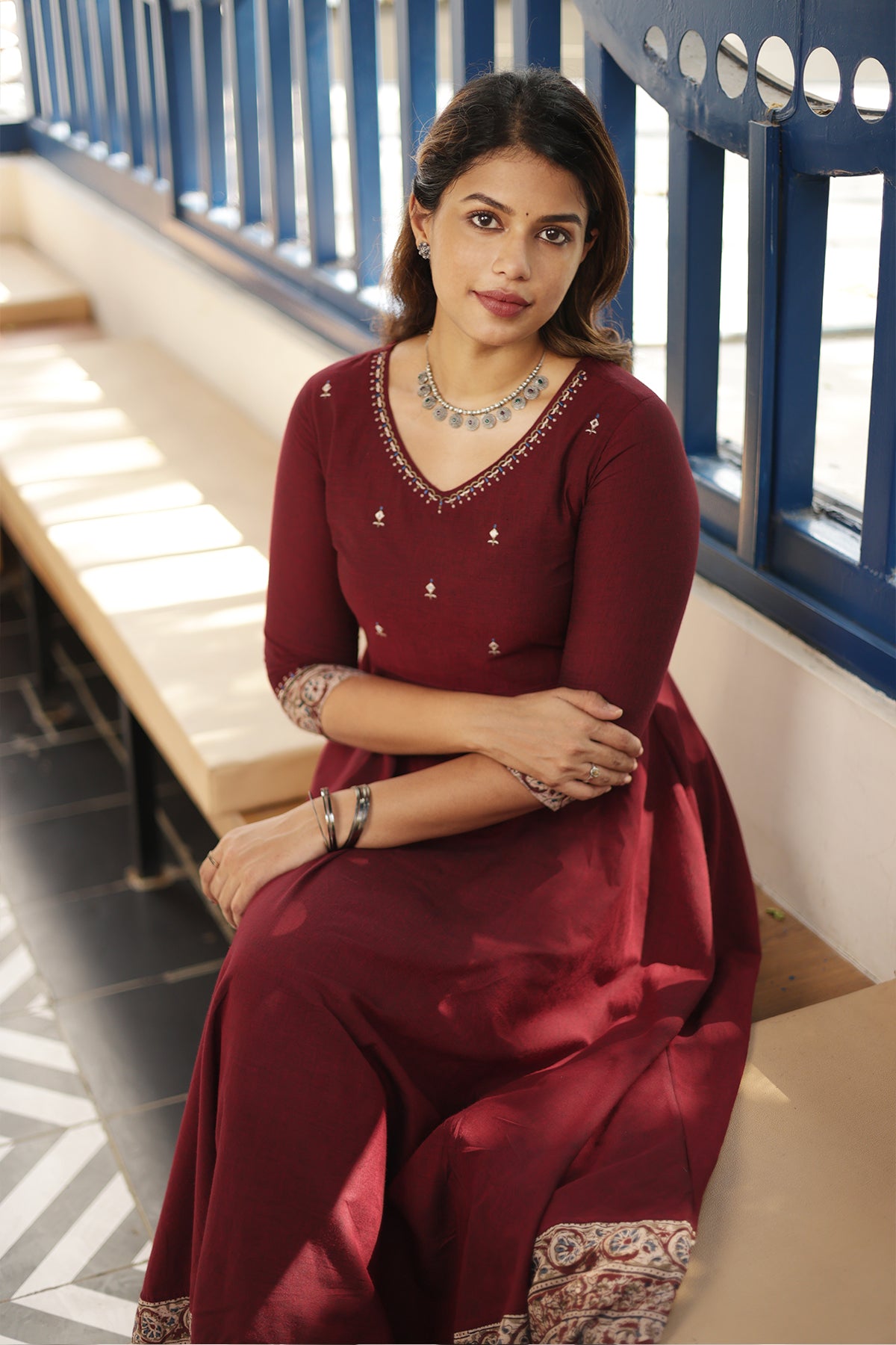 Stunning Maroon Kalamkari Anarkali Dress with Mirror Work