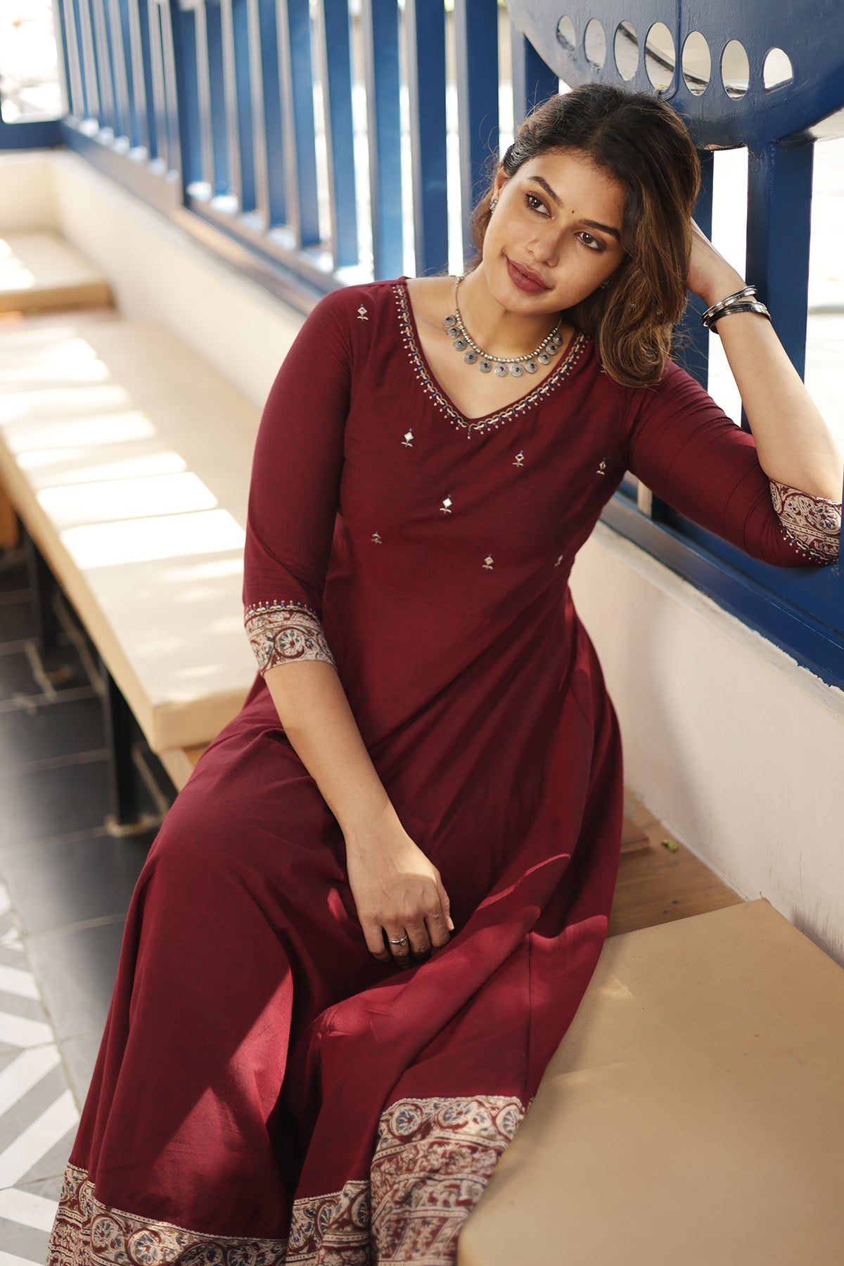 Stunning Maroon Kalamkari Anarkali Dress with Mirror Work