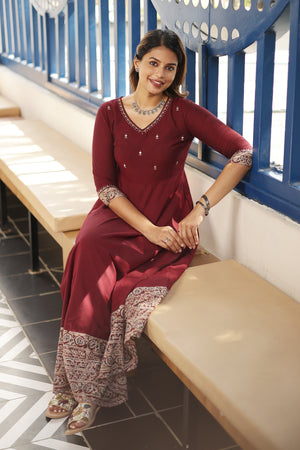 Stunning Maroon Kalamkari Anarkali Dress with Mirror Work