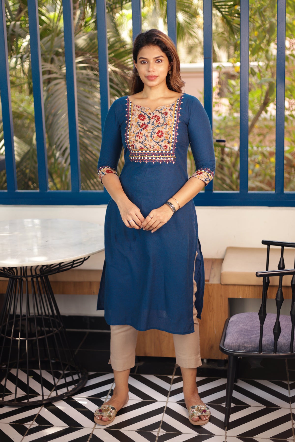 Blue Solid Kurta with Kalamkari Yoke Patchwork