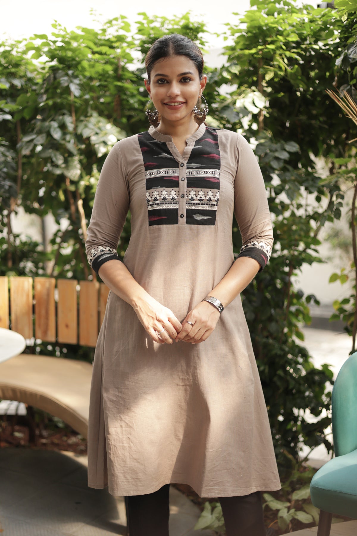 Solid A Line with Kurta with Ikkay Patchwork Yoke Beige