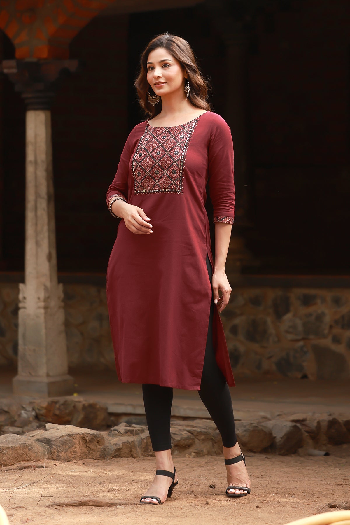 Ajrak Printed Yoke With Geometric Embroidered Foil Mirror Embellished Kurta Maroon