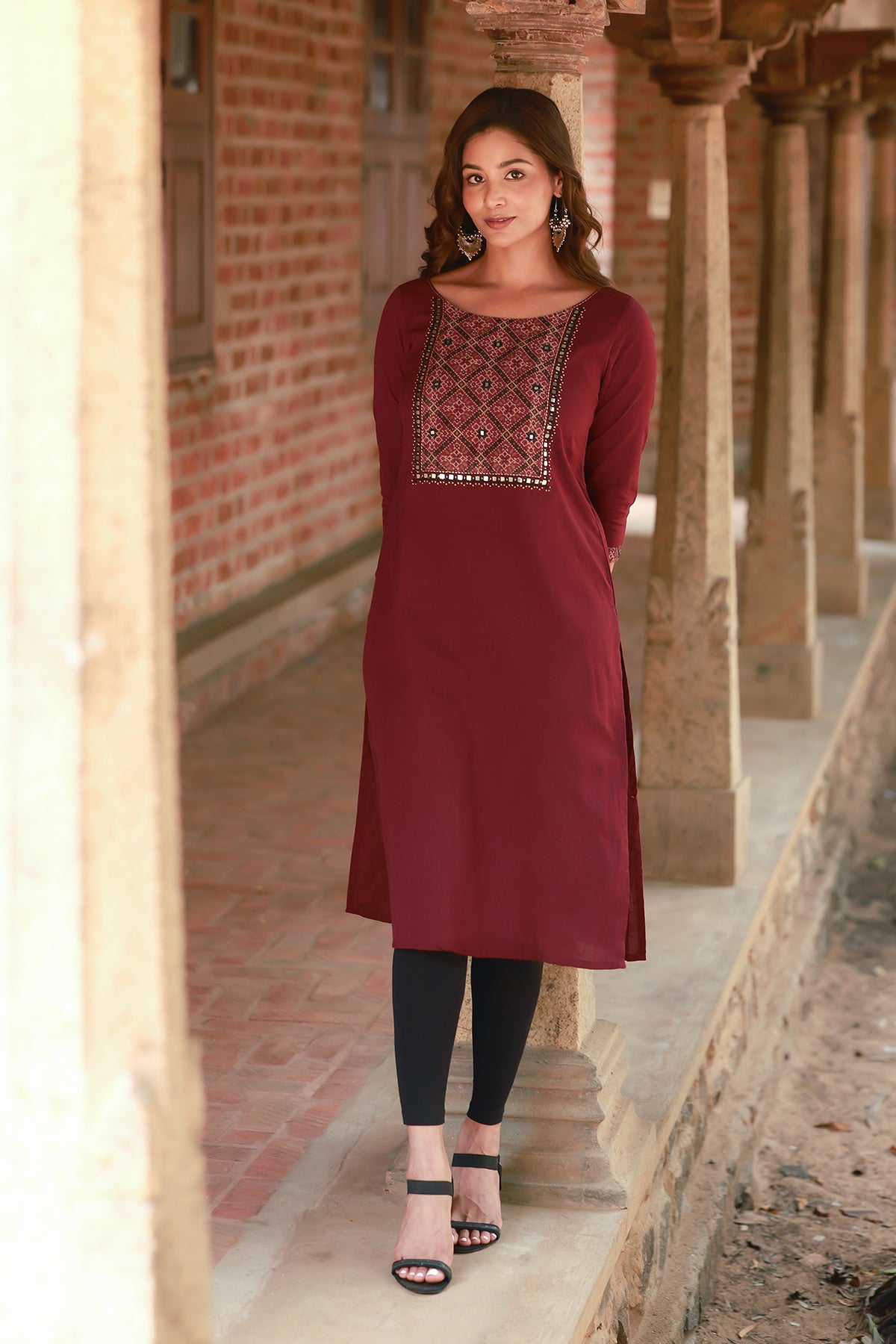 Ajrak Printed Yoke With Geometric Embroidered Foil Mirror Embellished Kurta Maroon