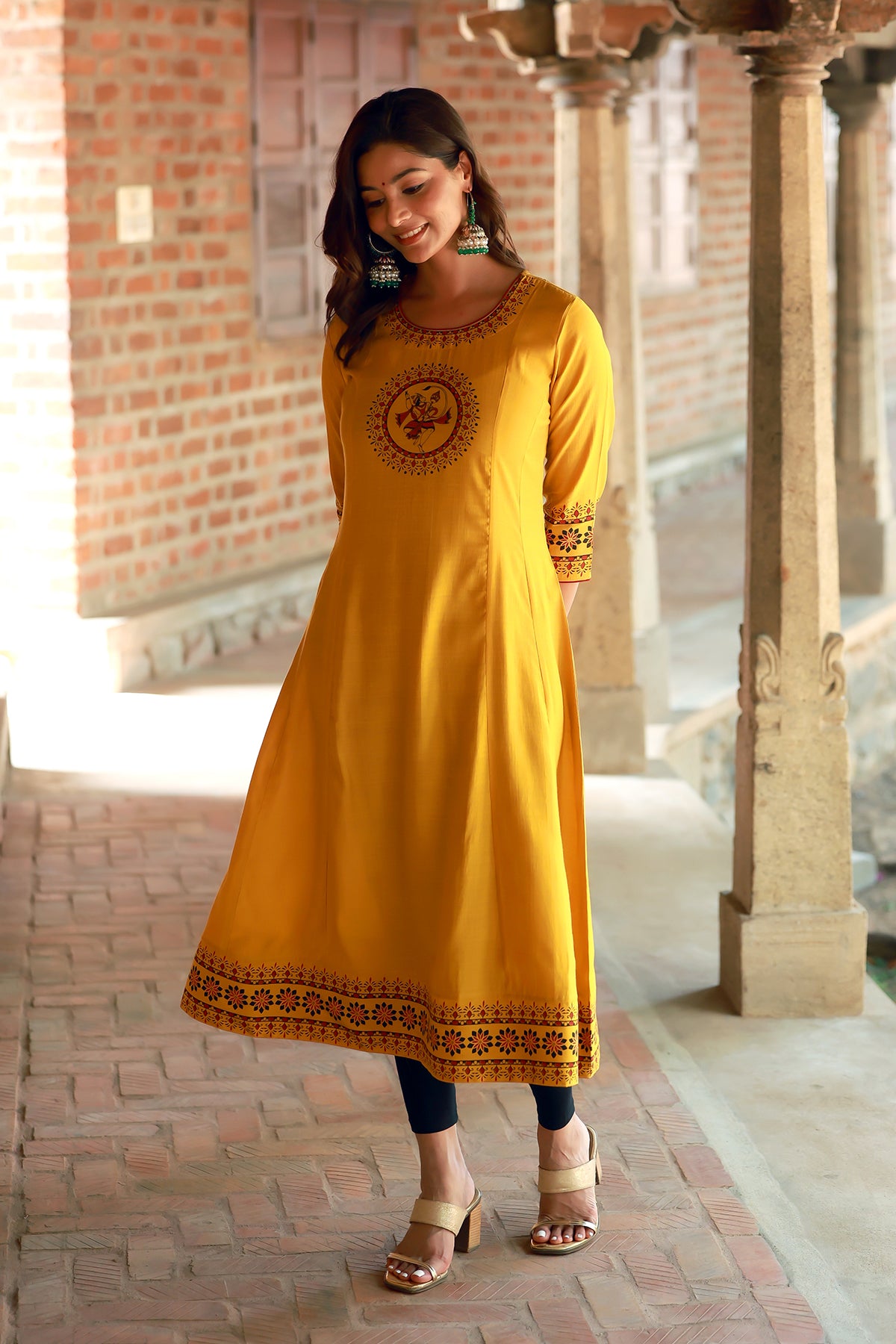 Hanuman Motif Printed With Mandala Printed Border A Line Kurta Yellow