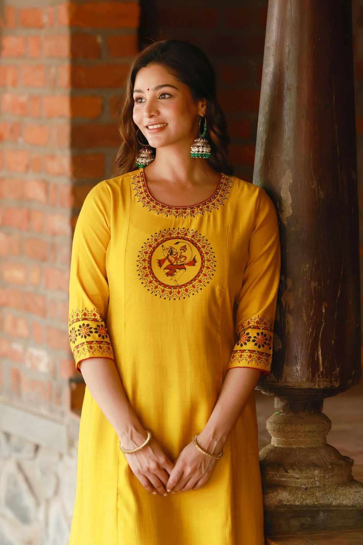 Hanuman Motif Printed With Mandala Printed Border A Line Kurta Yellow