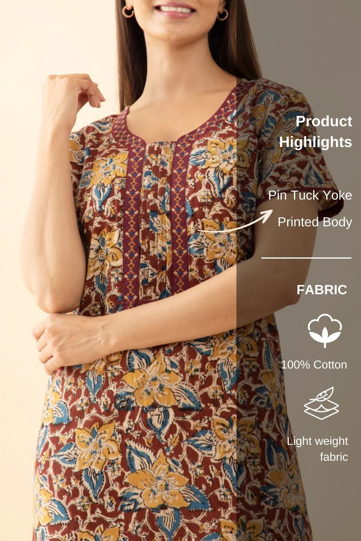 Kalamkari Printed nighty with Pin Tuck Yoke - Brown