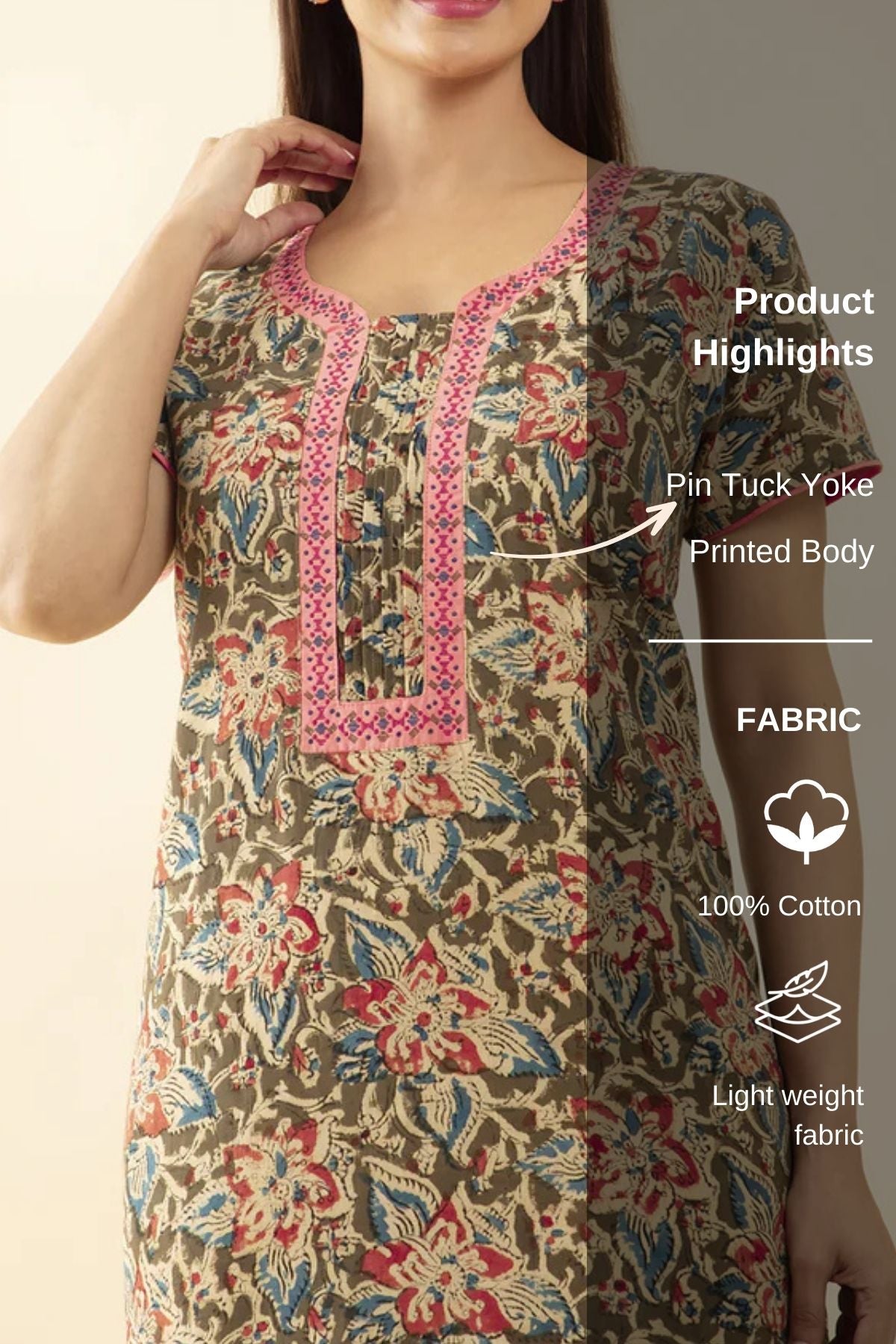 Kalamkari Printed nighty with Pin Tuck Yoke - Green