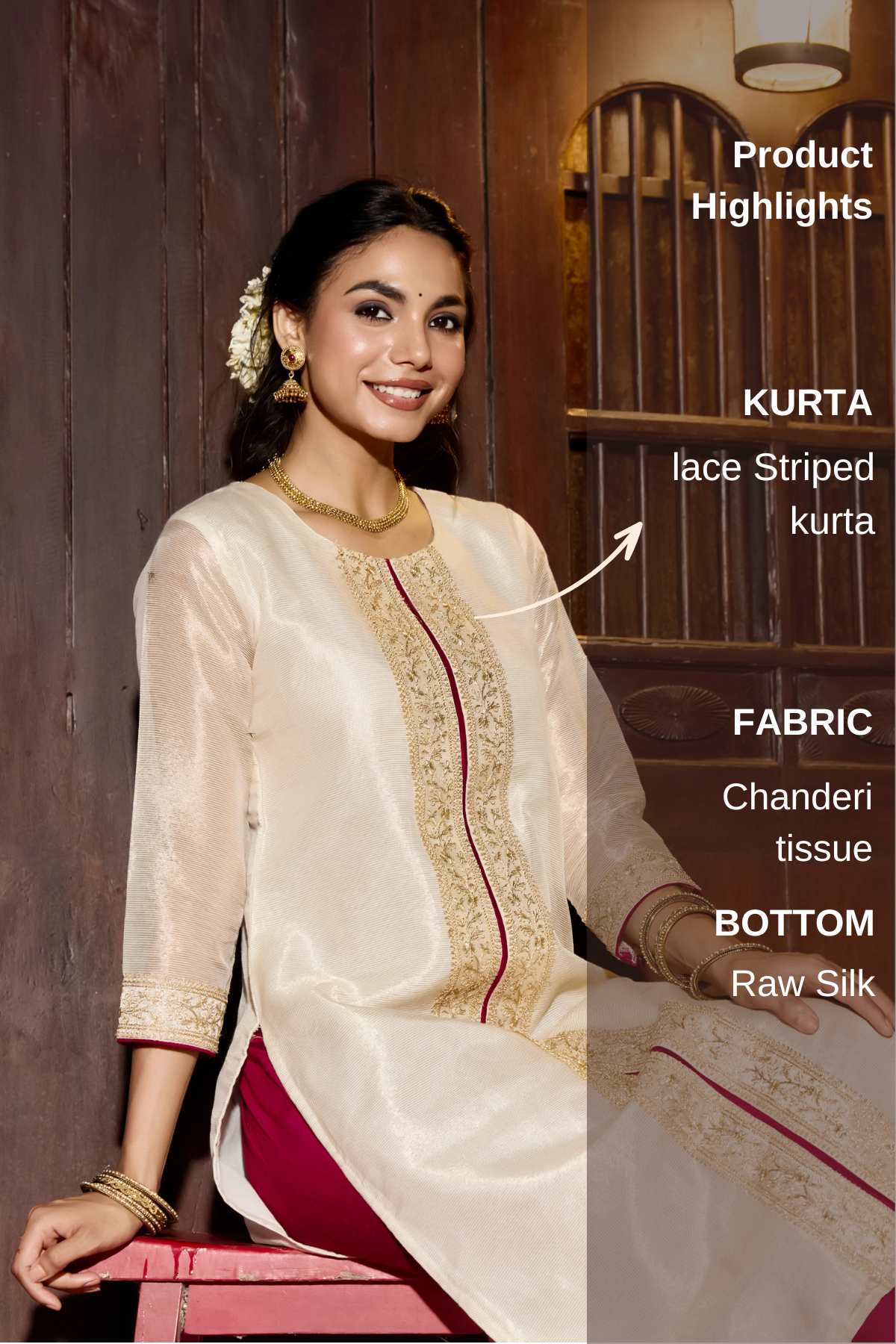 Off White Chanderi Tissue Stripe Kurta Pant Set