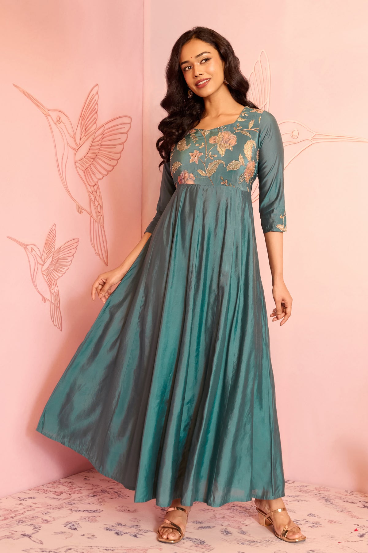 Teal Blue Floral Embellished A-line Anarkali
