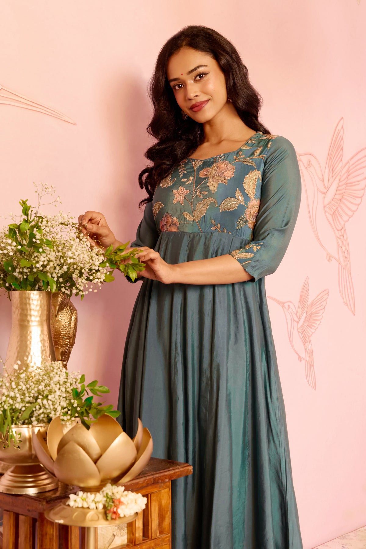 Teal Blue Floral Embellished A-line Anarkali