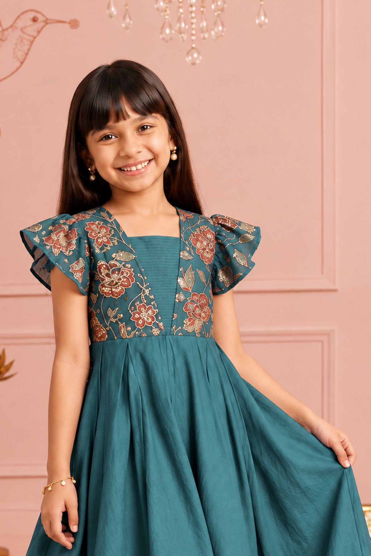 Teal Blue Floral Printed Kids Anarkali