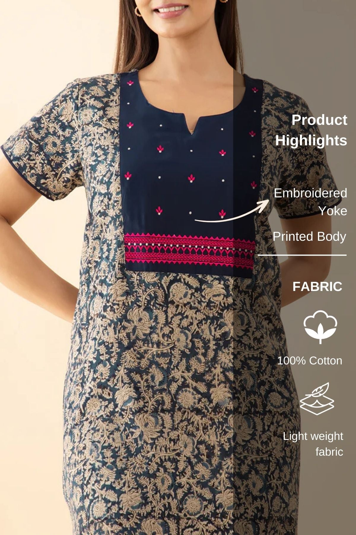 Kalamkari Printed Nighty with Floral Embroidered Yoke - Blue