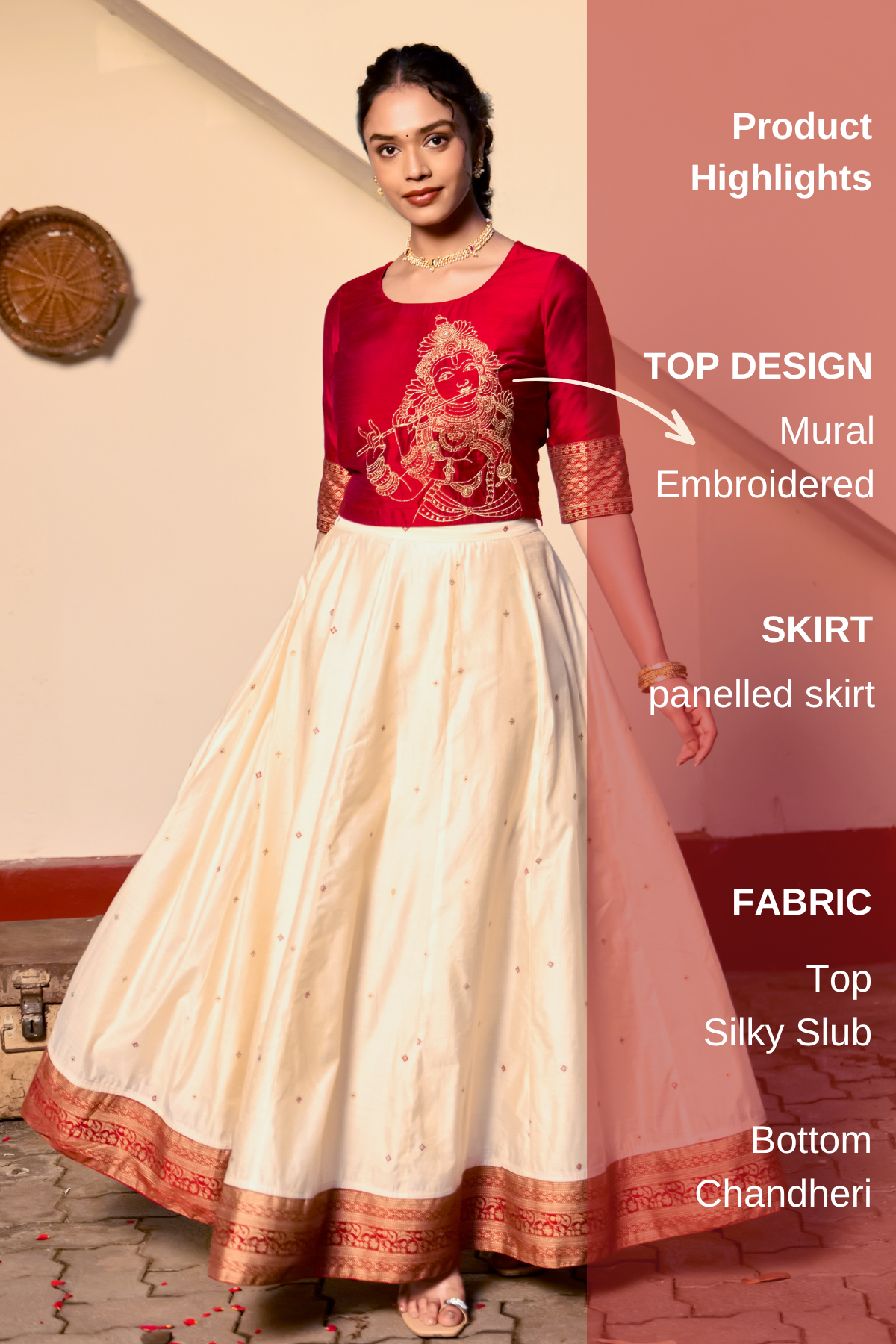 Red Mural Embroidered Crop Top & Panelled Skirt Set