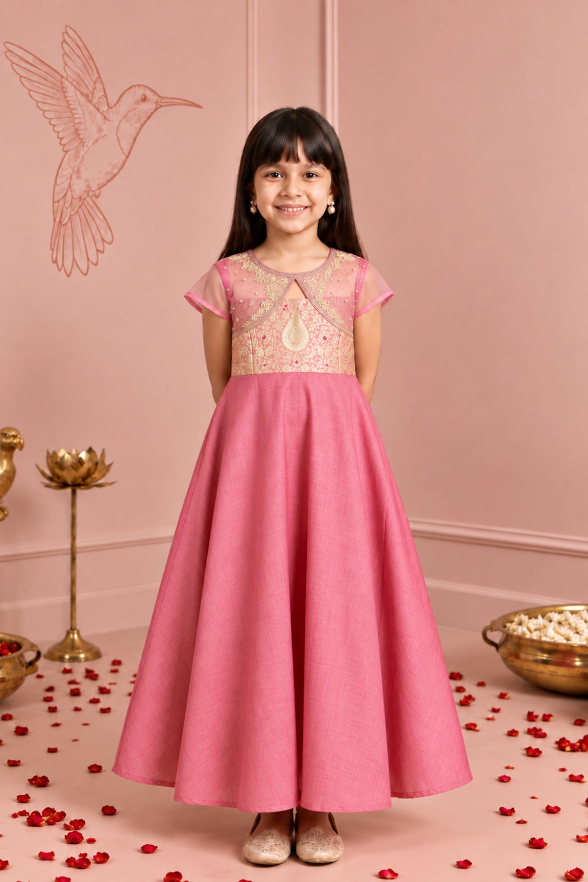 Pink Floral Brocade Kids Anarkali