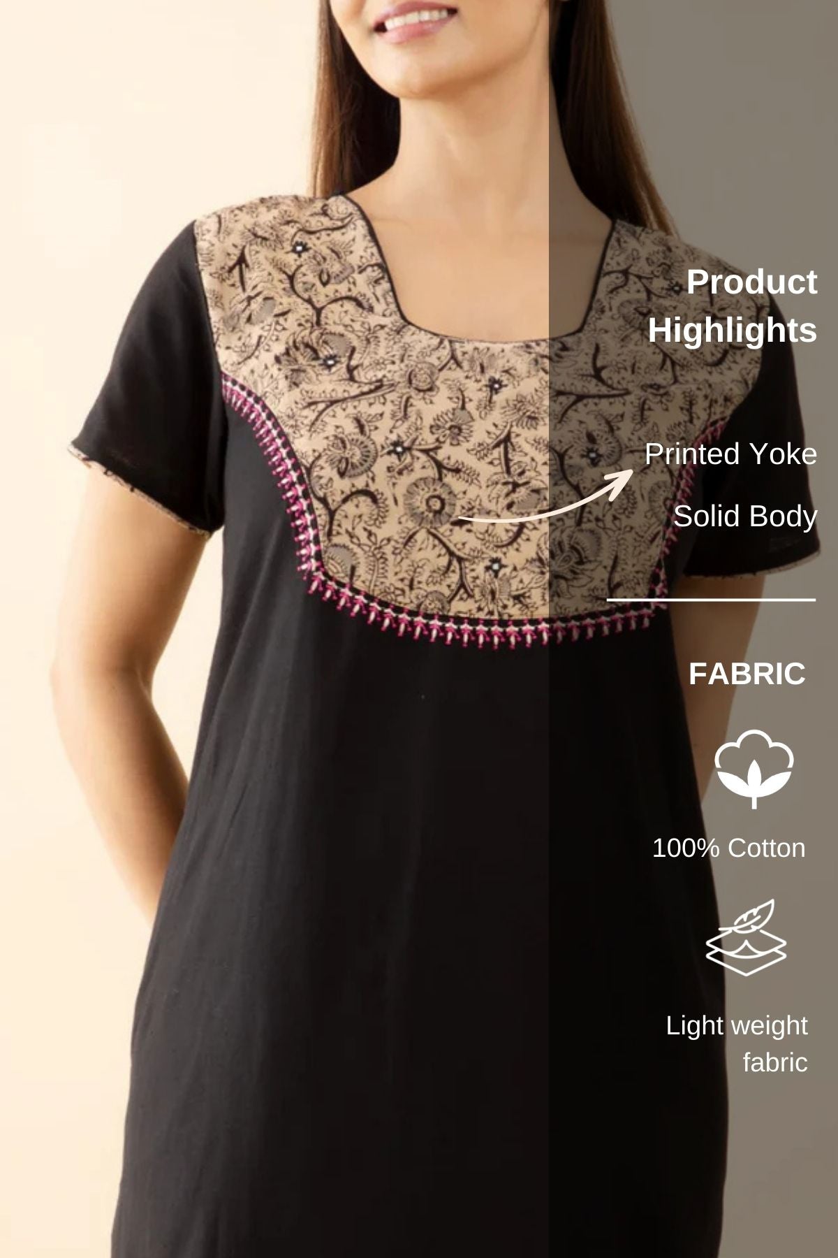 Solid Nighty with Kalamkari Printed Yoke - Black