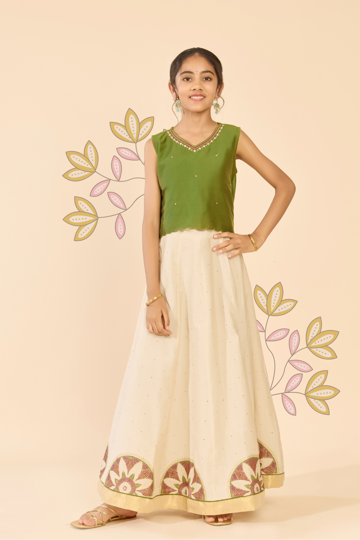 Green Embroidered Pookolam Print Kids Skirt Set