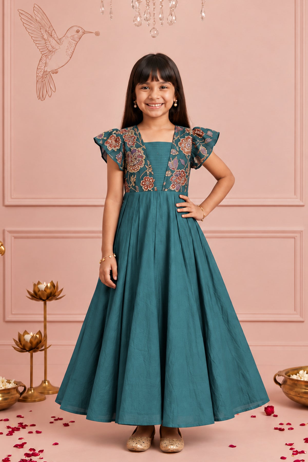 Teal Blue Floral Printed Kids Anarkali