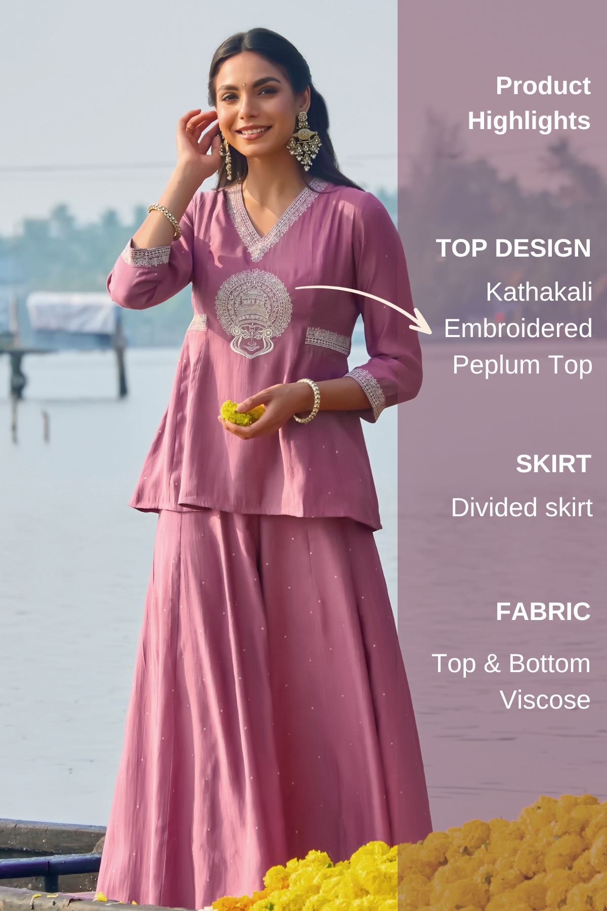 Lilac Kathakali Embroidered Peplum Skirt Set