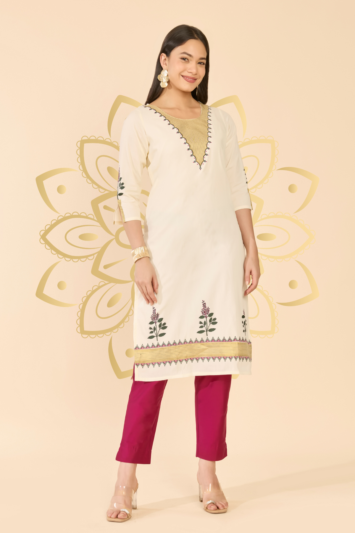 Floral Printed & Lace Embellished Rust Cotton Kurta