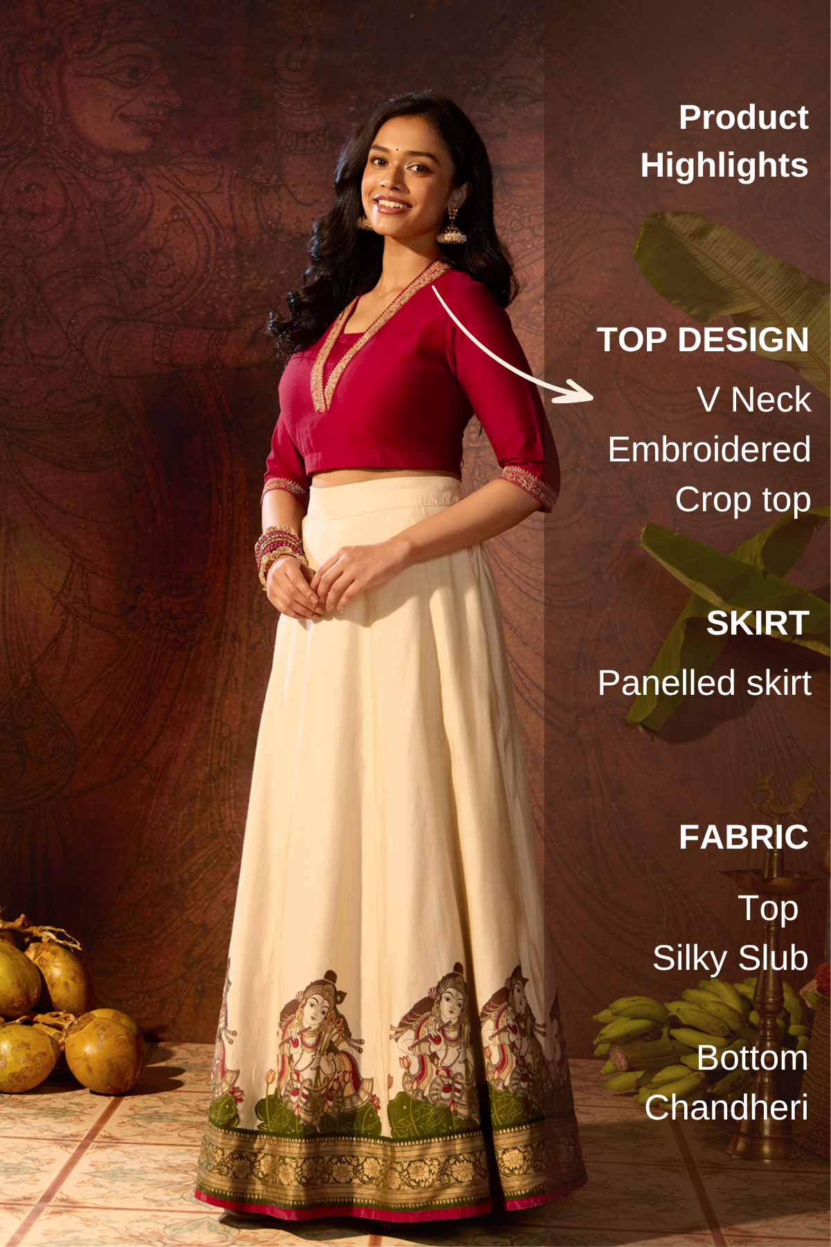 Red Embroidered Crop Top & Krishna Mural Skirt Set