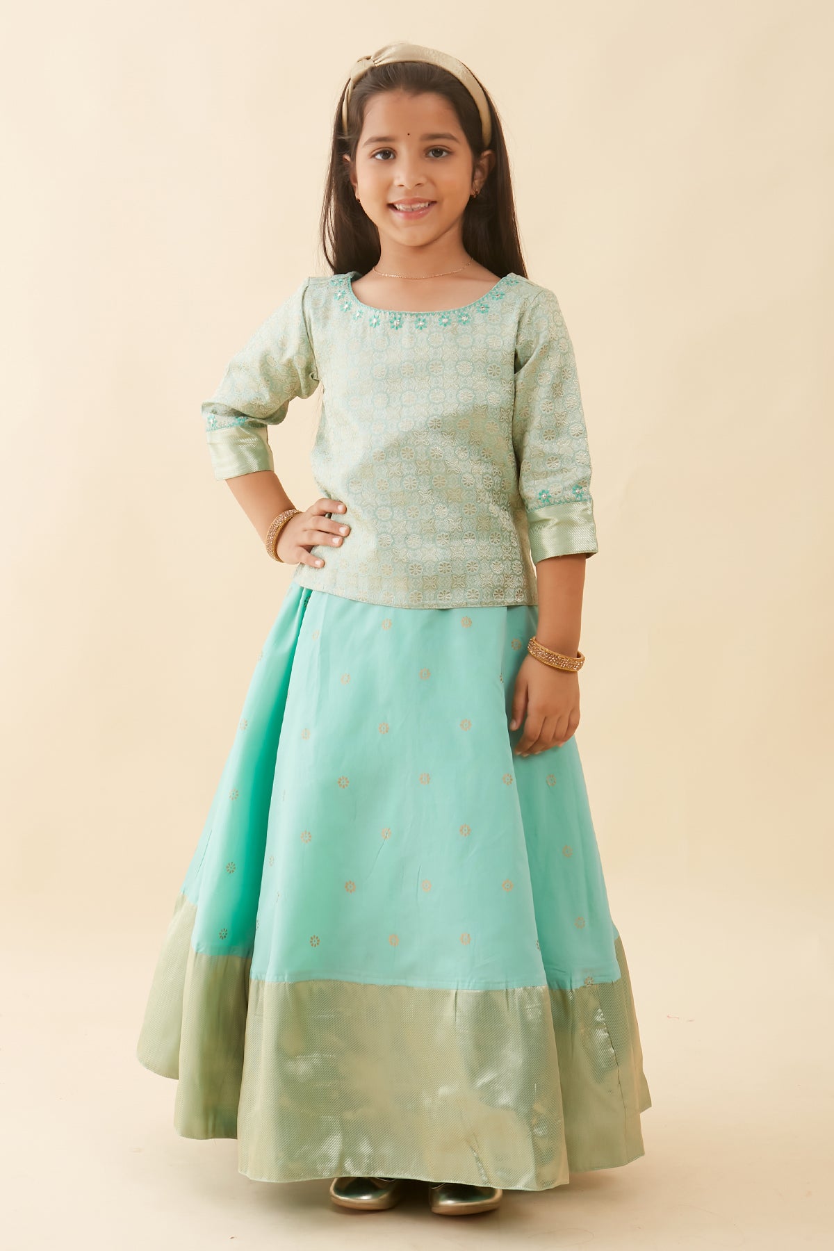 Contemporary Brocade Embroidered Top & Floral Printed Kids Skirt Set - Green