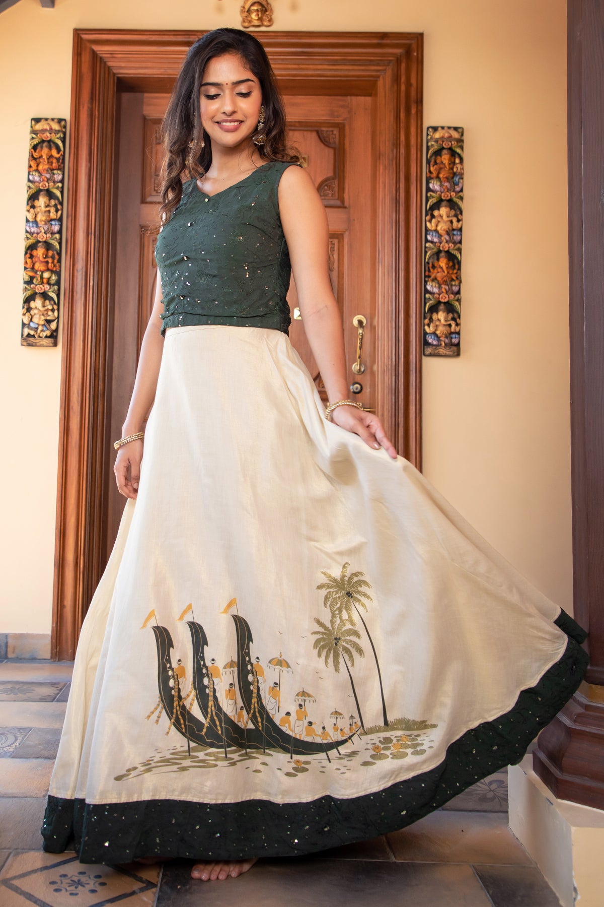 Floral Motif Embroidered With Sequin Crop Top &  Vallam Kali Printed Skirt Set - Green & Off-White