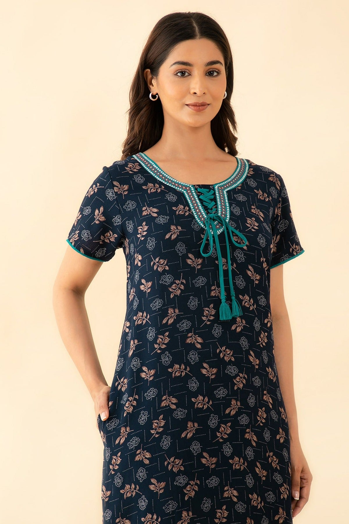 All Over Floral Print With Embroidered Yoke Nighty - Navy