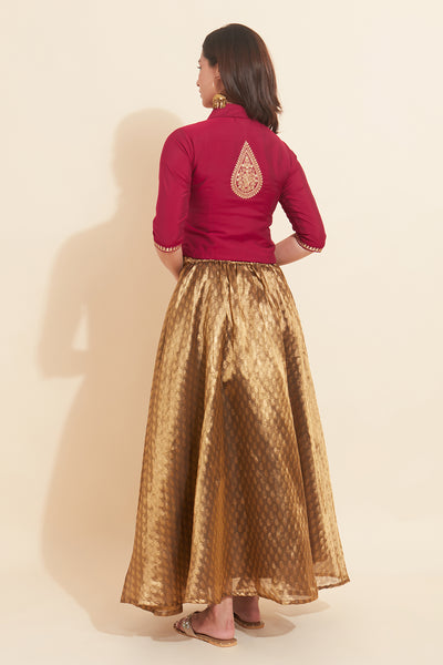 Solid Collar Shirt Style Crop Top & Paisley Brocade Skirt Set - Magenta & Gold