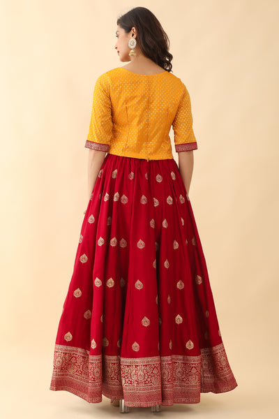 Floral Embroidered Borcade Top With Floral Motif Printed Skirt Set - Yellow & Red