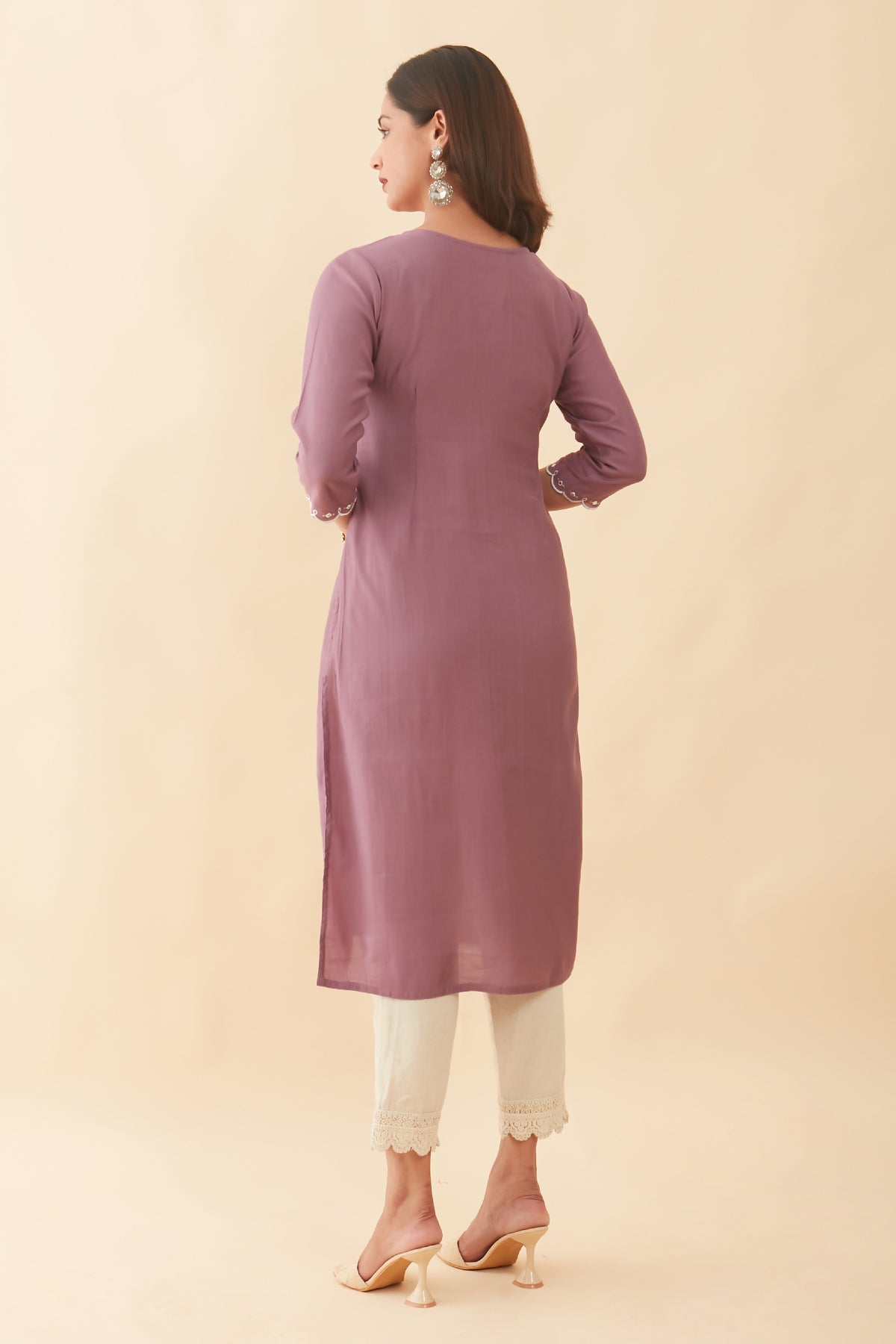 Floral Embroidered With Foil Mirror Embellished Kurta - Purple