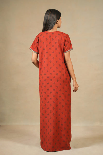 Paisely Embroidered Yoke With Printed Nighty - Rust