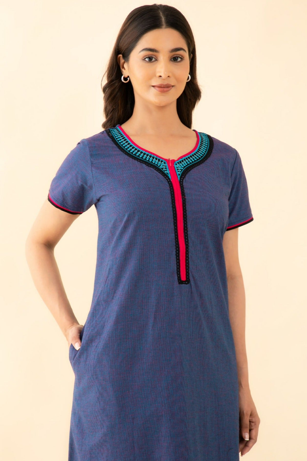 All Over Gingham Checked & Geometric Embroidered Yoke Nighty - Blue