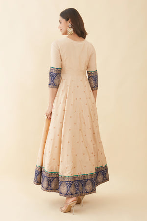 Floral Embroidered Neckline With Printed Anarkali Beige