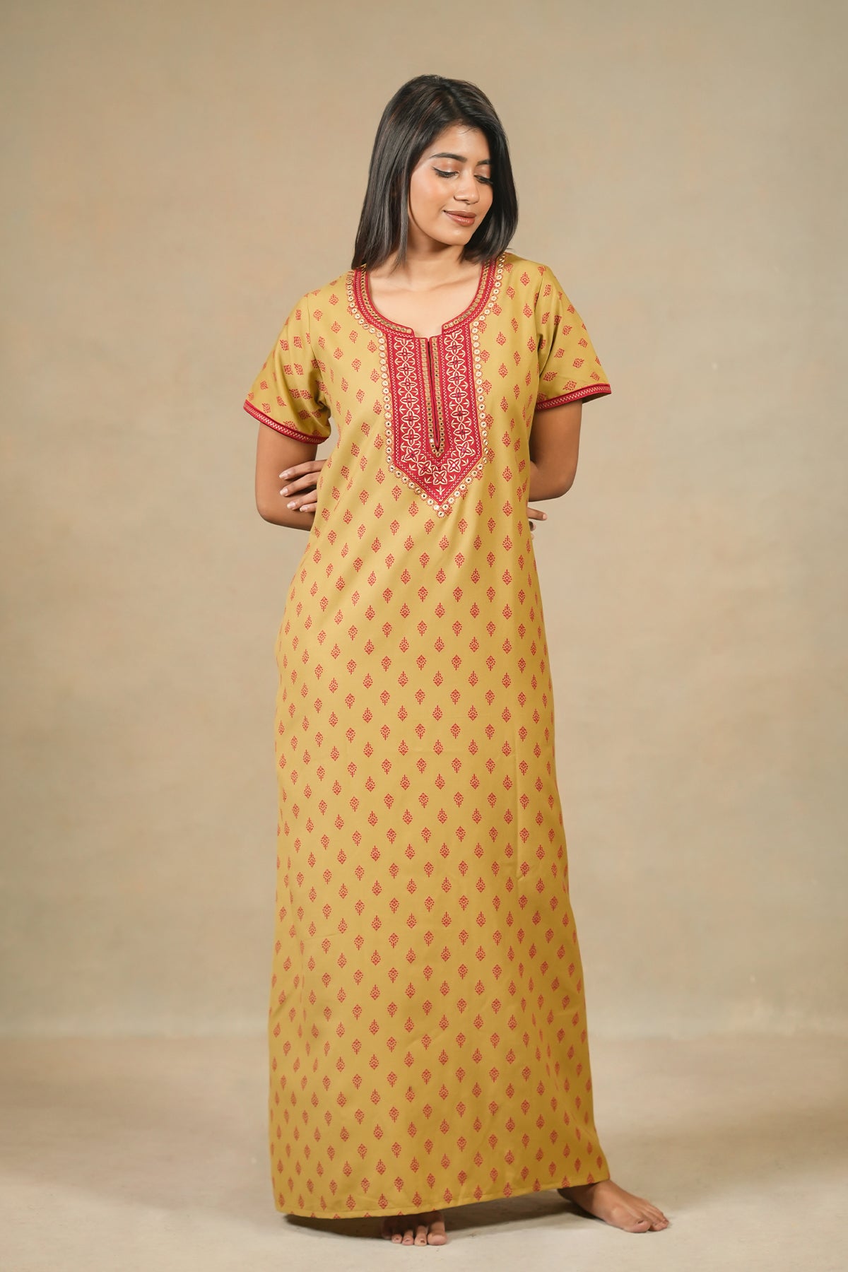 Floral Embroidered With Mirror Embellished Yoke With Printed Nighty Mustard
