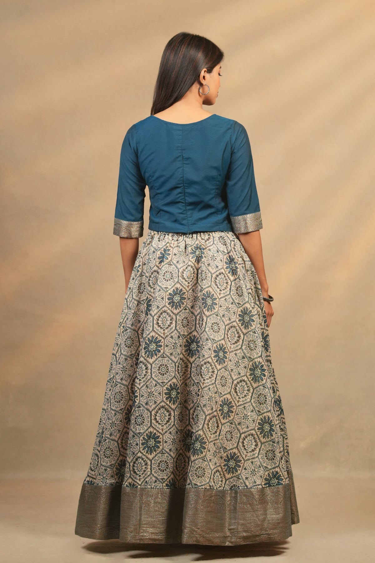 Geometric Embroidered Top & Digital Printed With Zari Border Skirt Set - Blue