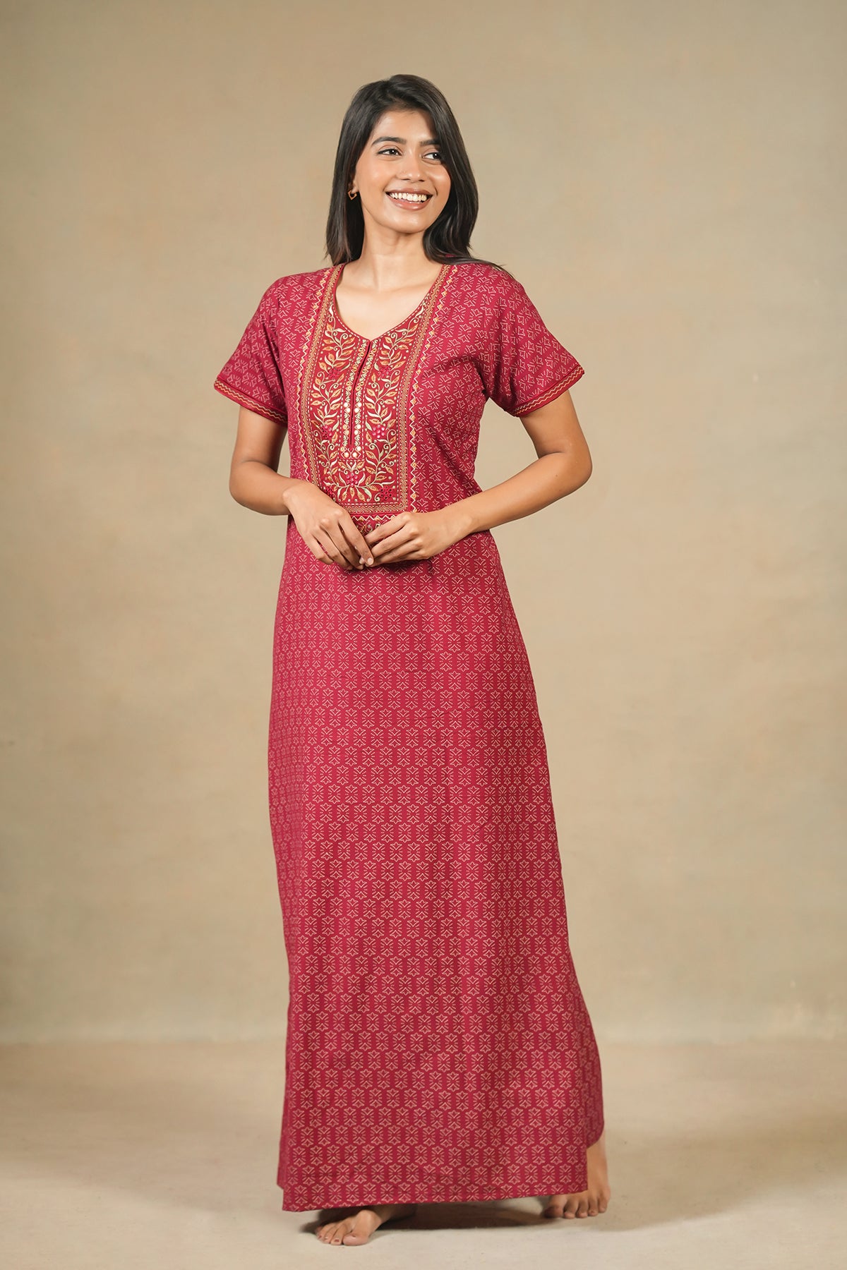 Floral Embroidered Yoke With Allover Geometric Printed Nighty Red