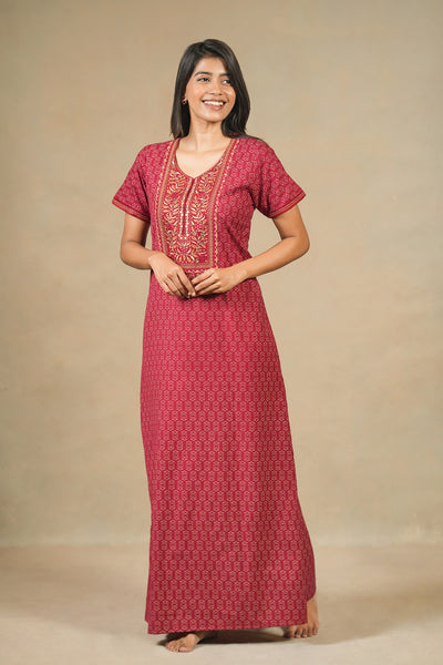 Floral Embroidered Yoke With Allover Geometric Printed Nighty - Red