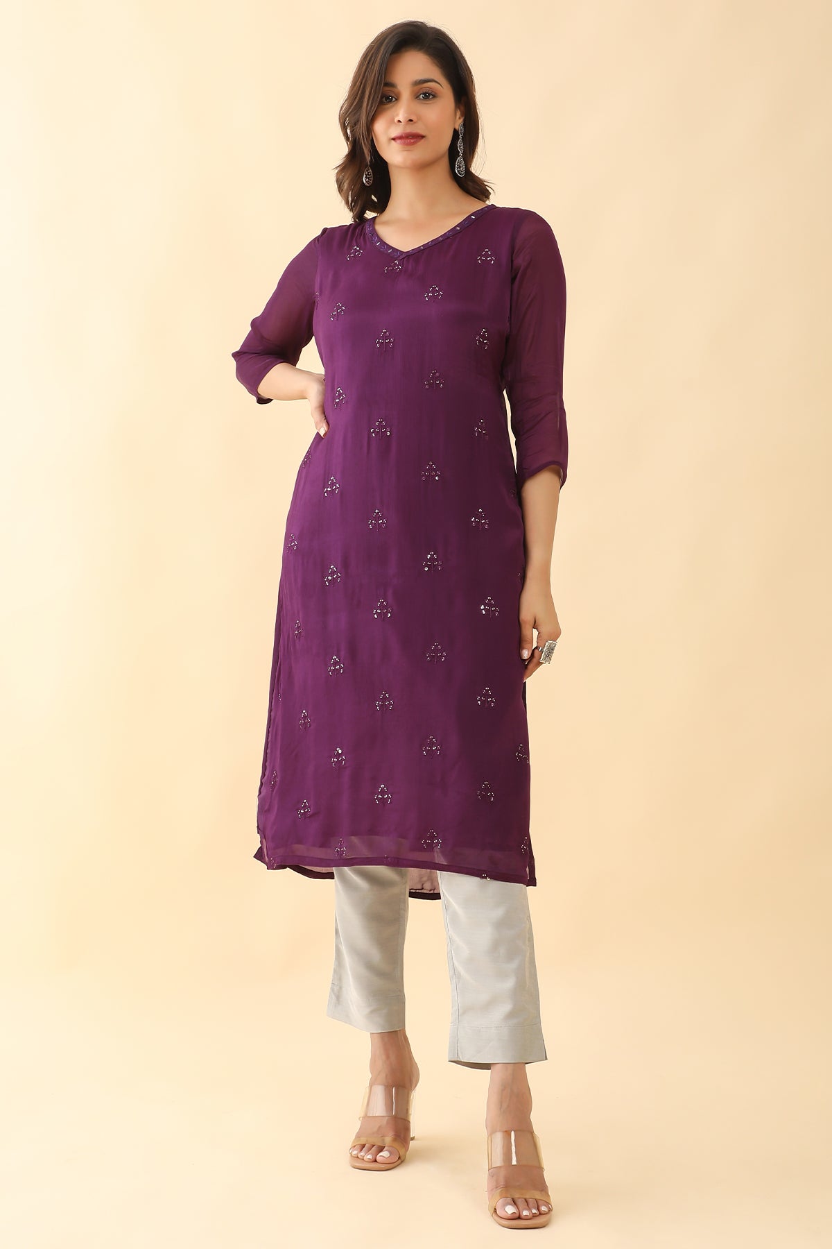 All Over Floral Embroidered With Foil Mirror Embellished Kurta Purple