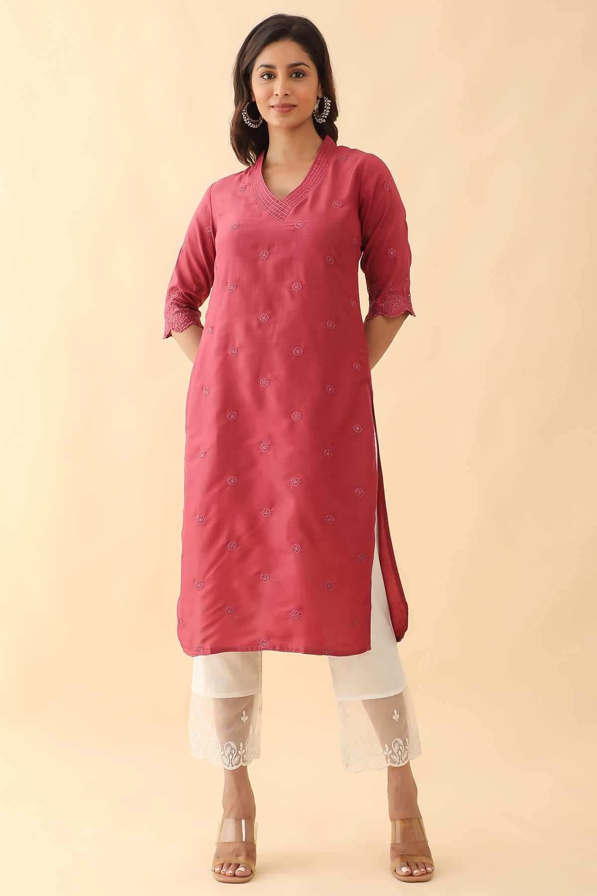 All Over Floral Embroidered Kurta - Pink