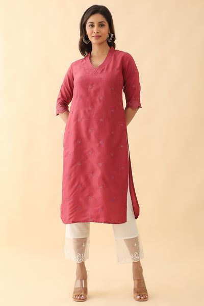 All Over Floral Embroidered Kurta Pink