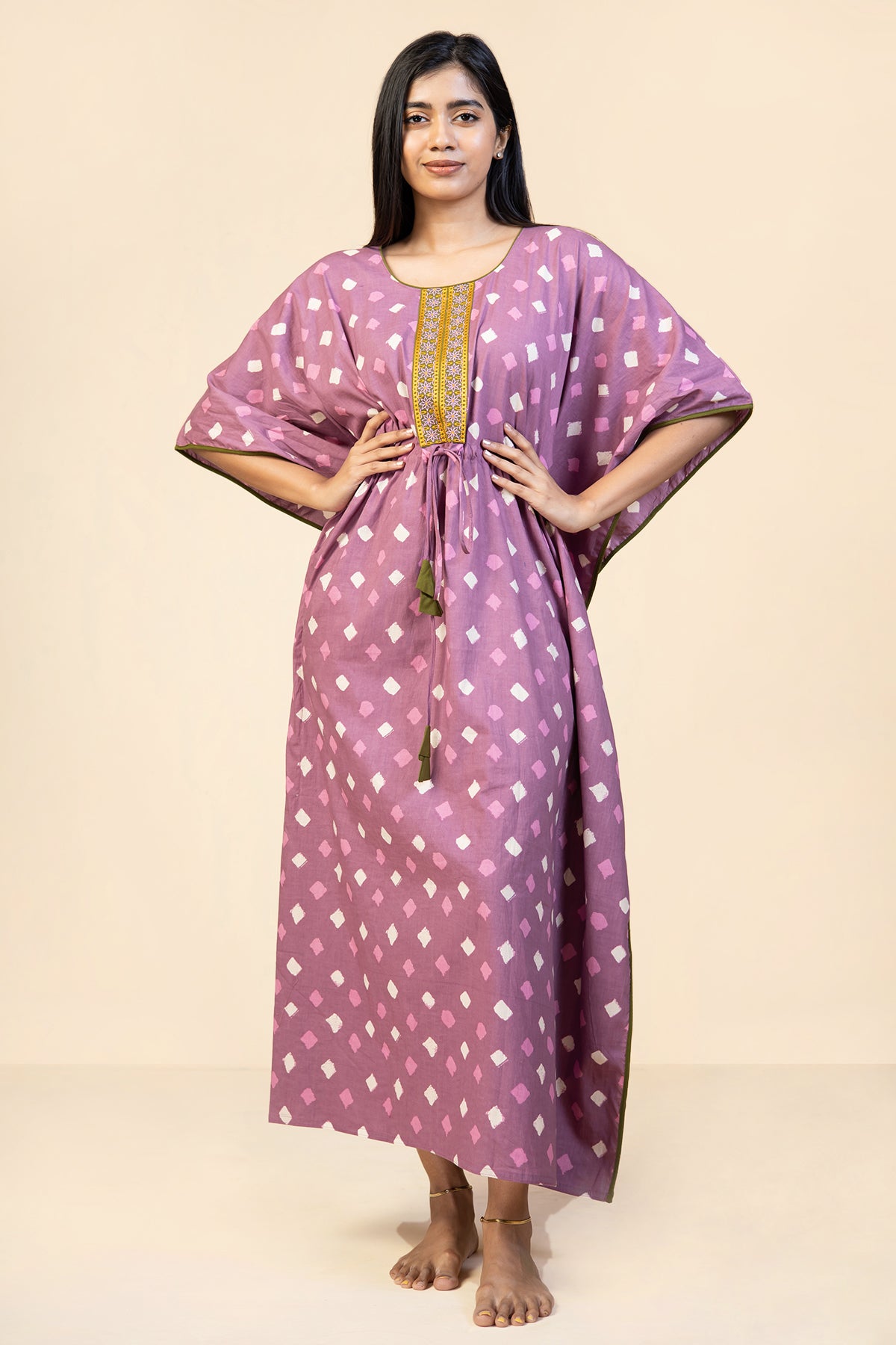 All Over Geometric Printed With Floral Embroidered Yoke Kaftan Nighty - Pink